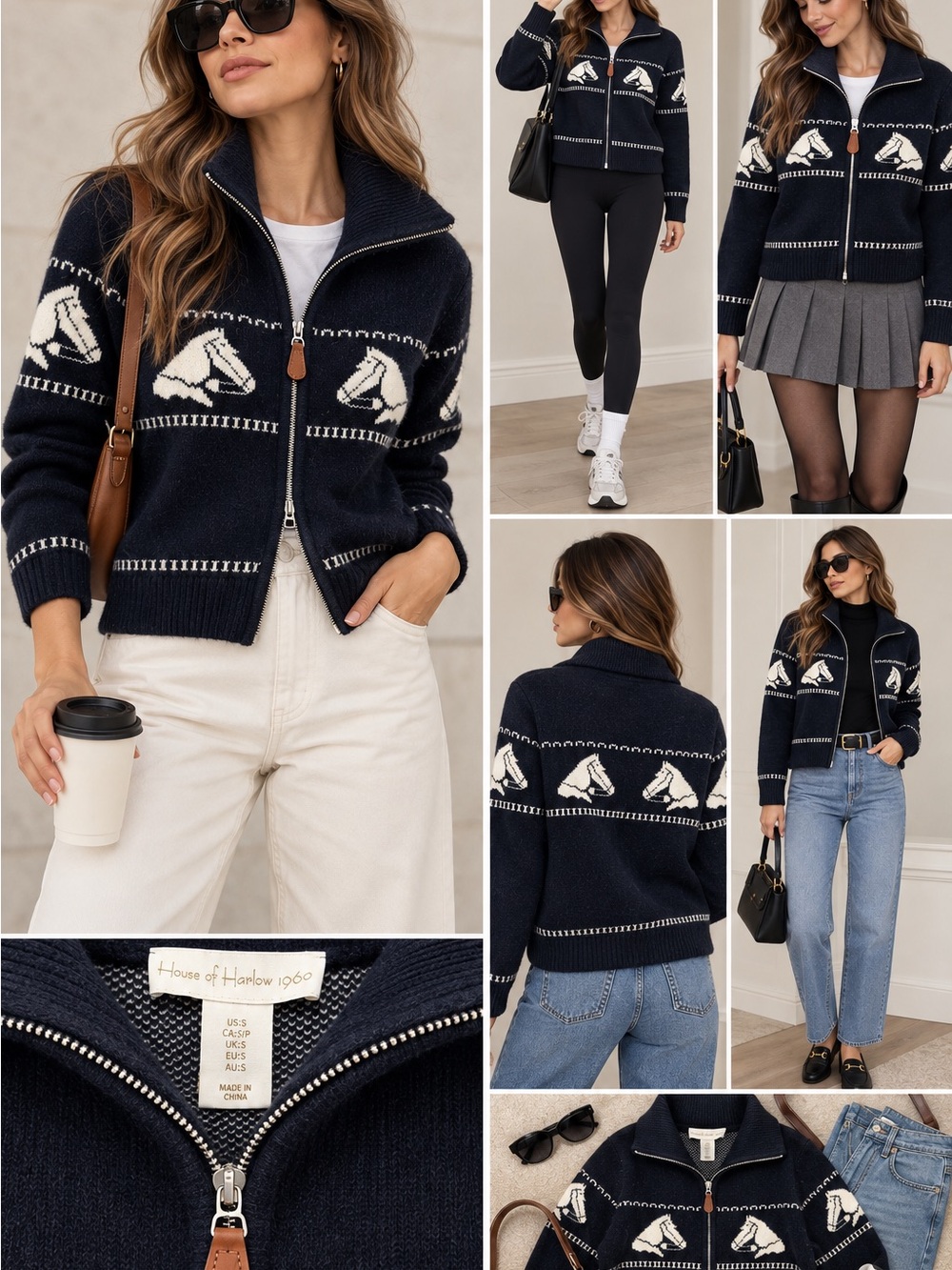 House of Harlow 1960 Horse Equestrian Zip Cardigan Sweater Navy Size S NWT